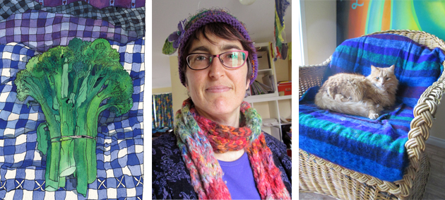 Bold Art triptych of 1. a broccoli watercolour painting, the broccoli is in greens and has a blue and white checked background, 2. a photographic self protrait of Tangerine Meg in a woolly hat and scarf and red spectacles, and 3. a photograph of an orange cat in a chair with stripy cover.