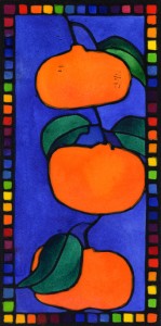 Image for testimonial page: Lino Print of three vibrant orange mandarins, with a blue background and a rainbow border