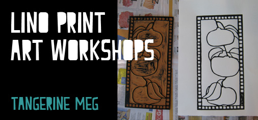 Lino print lessons header - twitter sized - chunky font - image is an inked lino block and a fresh print on paper.