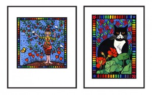 Lino prints in black frames: "Thriving" (woman combined with a plum tree) and "Black and White Cat in the Garden". Both lino prints have rainbow borders.