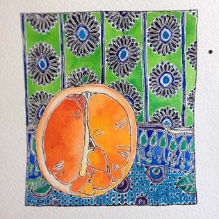 orange (fruit) and blue background with green - lots of patterns