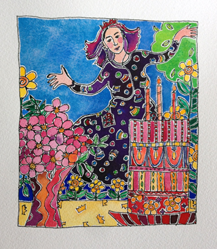 50th painting of my 50th Birthday Bold Art Project_QueensBirthday - the Queen dances in her happy patterned dress, alongside pink flowers and a very tall fancy pink cake