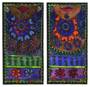 Two ladies decorated in beautiful coloured patterns