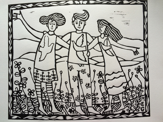 printed Friends lino print, not yet painted, features 3 friends in a garden with hills in the background