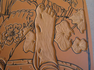 Section of work in progress carved lino block