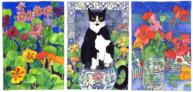 3 bold colourful artworks featuring flowers, the centre one including a black and white cat