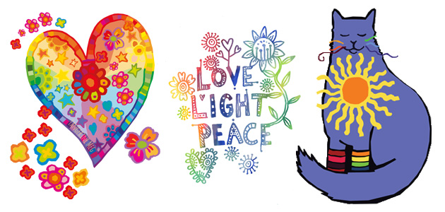 Colourful heart, love.light.peace graphic and sunshiny cat