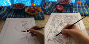 Two panels with early and later stages of drawing on a pomegranate still life. The hand is shown holding the dip pen in both panels