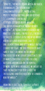 Watercolour blues and greens background, with white print in hand-written looking font with a paragraph from White Hot Truth.