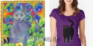 blue russian cat art at left and photo of tshirt of black cat with stars art