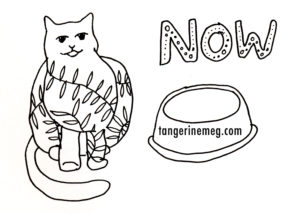 pen drawing on white background of a vine-decorated cat sitting beside and empty cat food bowl